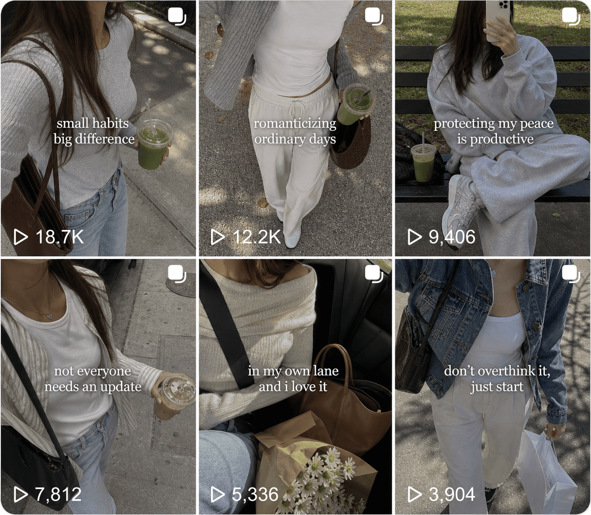 A six-post TikTok-style grid of faceless selfie slideshow thumbnails.