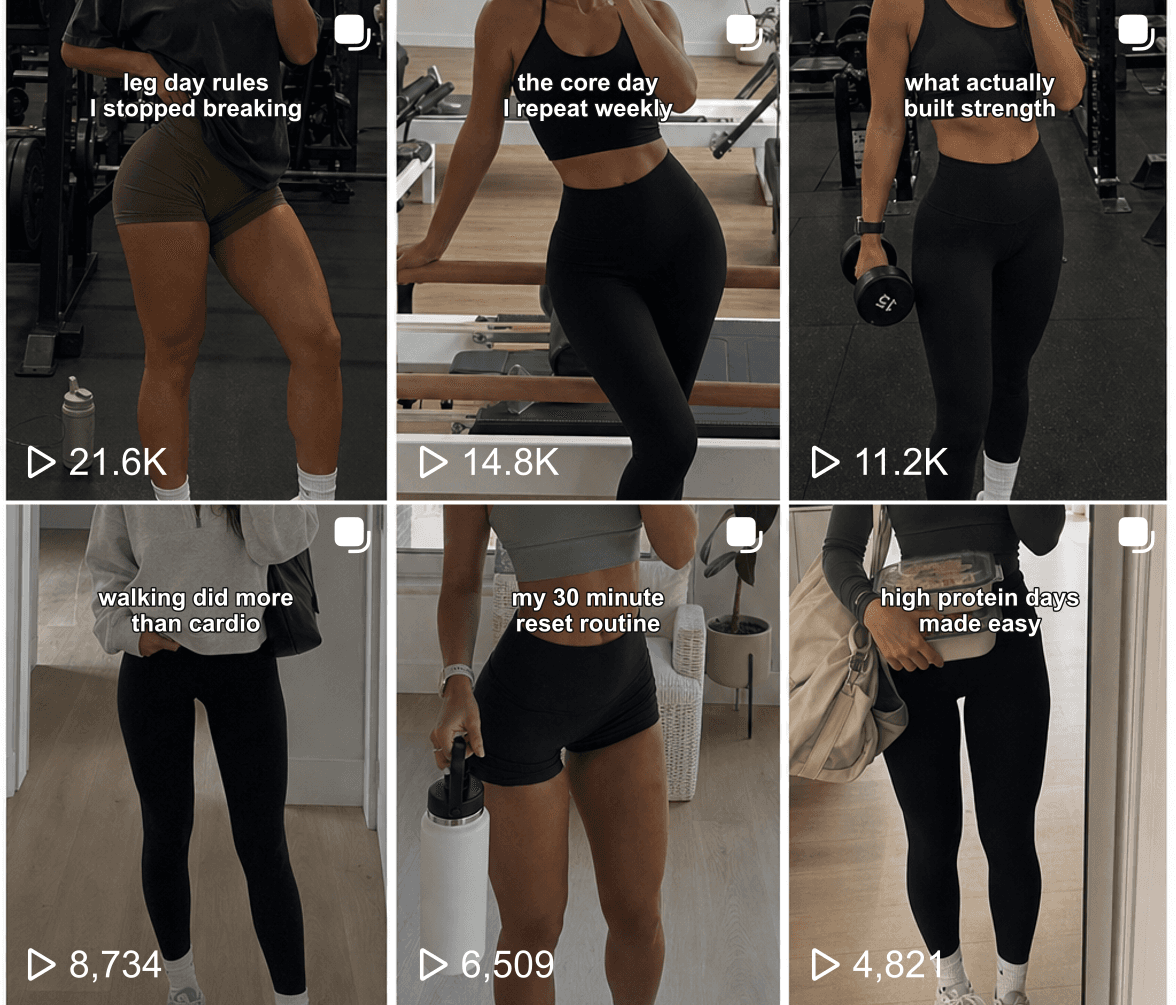 A six-post TikTok-style grid of faceless fitness mirror selfie slideshow thumbnails.