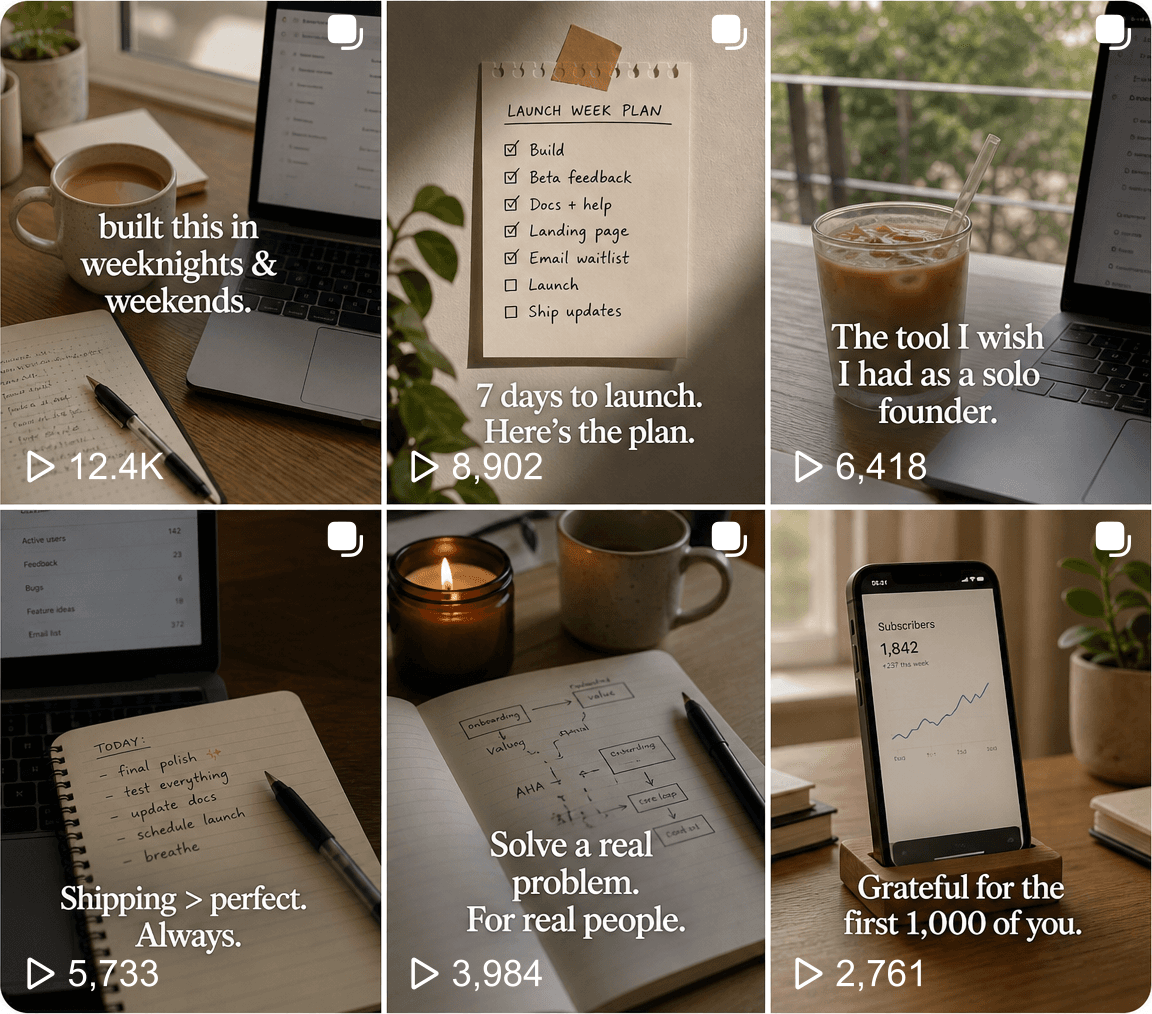 A six-post TikTok-style grid for a solo founder launch week account.